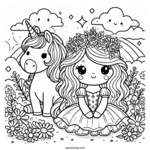 Cute Coloring Page Princess And Unicorn Sitting On A Flower Field