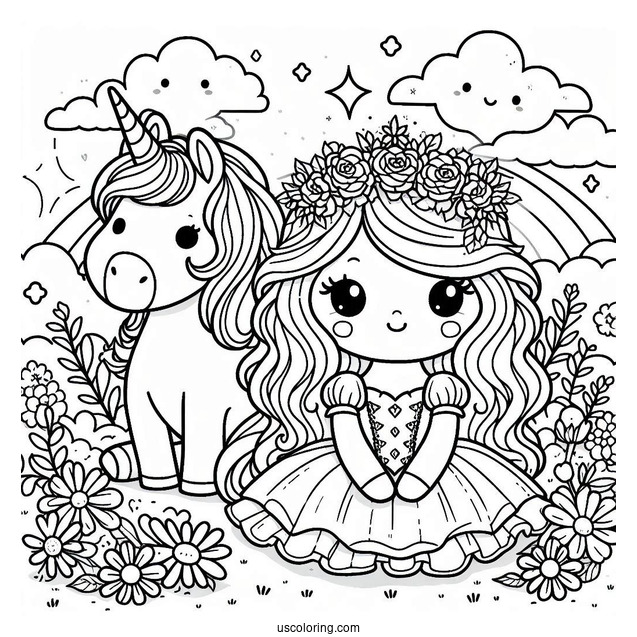 Cute Coloring Page Princess And Unicorn Sitting On A Flower Field