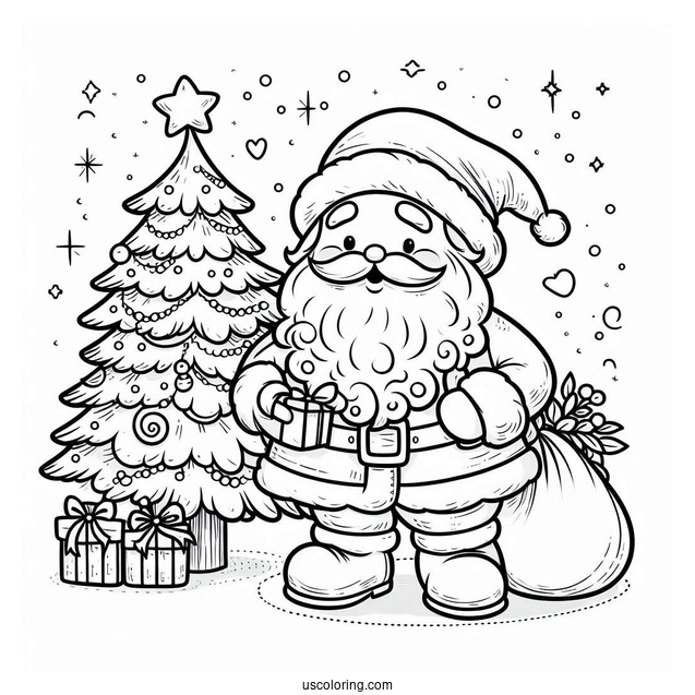 Santa Claus With Christmas Tree Coloring Page