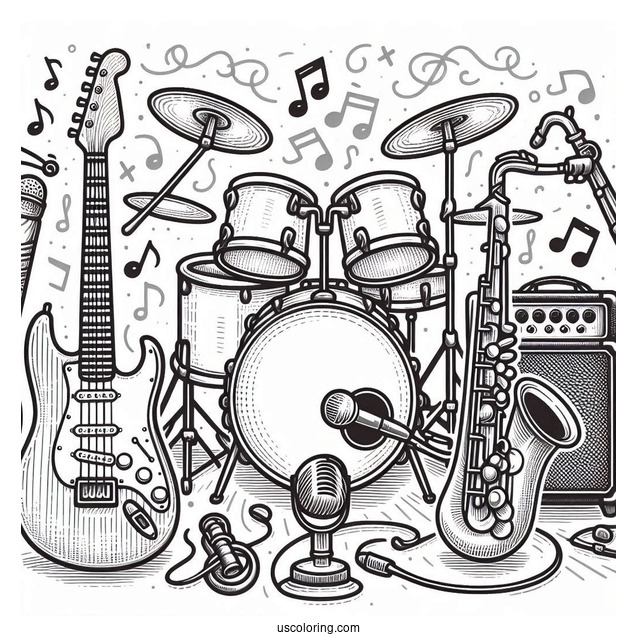Music Coloring Page Of Electric Guitar, Drum, Trumpet, Saxophone, And Microphone
