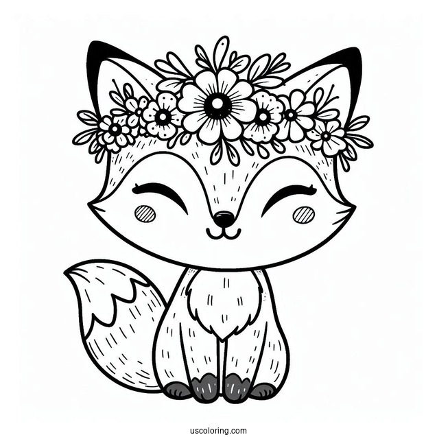 Easy Cute Coloring Page Fox Wearing A Flower Crown