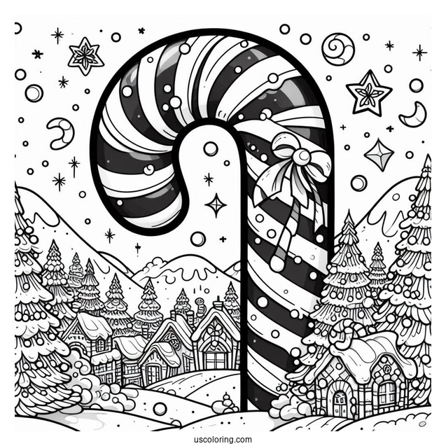 Giant Candy Cane Coloring Page In Winter Wonderland Town