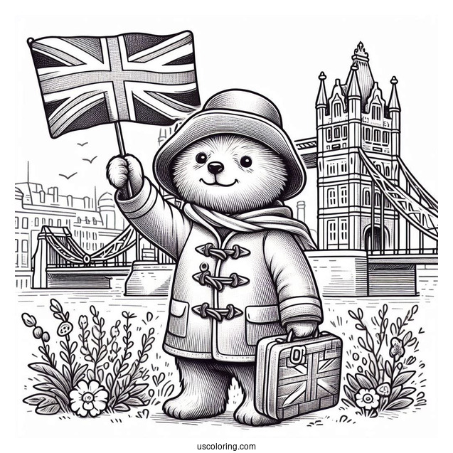 Cute Paddington Coloring Page Bear Waving The British Flag In Front Of London Bridge
