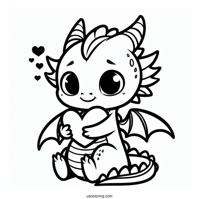 Adorable Little Dragon Hugging A Love Heart Coloring Page For Kids