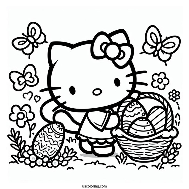 Hello Kitty Collecting Eggs Easter Coloring Page For Kids