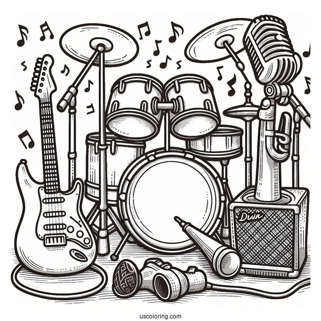 Music Coloring Page Of Electric Guitar, Drum, Trumpet, Saxophone, And Microphone