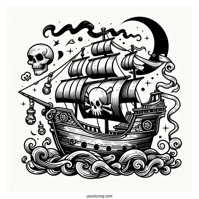 Pirate Ship With Skull And Bones Coloring Page