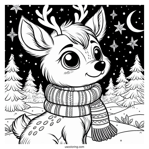 Furry Rudolph Coloring Page Wearing A Scarf Under The Night Sky