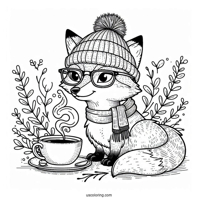 Smart Fox With A Beanie And Glasses Drinking Tea