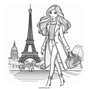 Fashionable Barbie Walkng In Paris Coloring Sheet