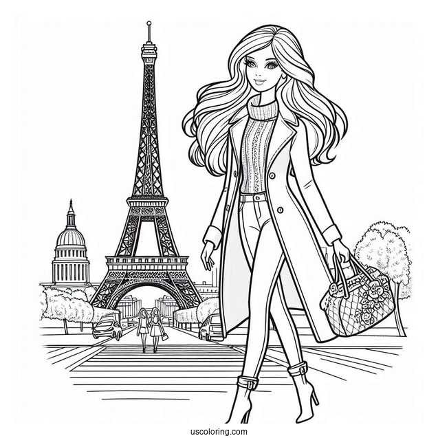 Fashionable Barbie Walkng In Paris Coloring Sheet