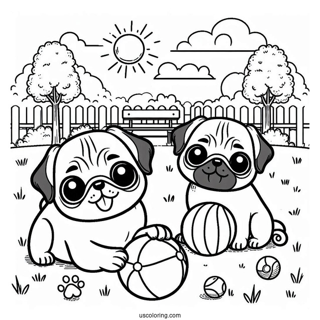 Cute Pug Coloring Page and Ball in the Park For Kids