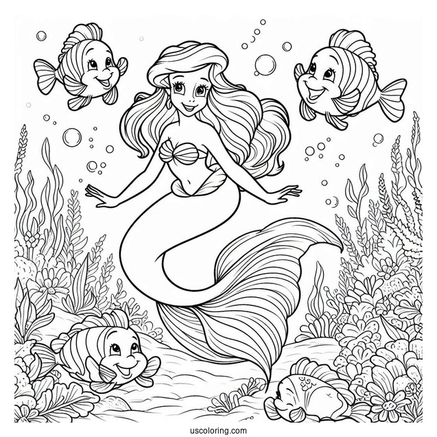 Coloring Page Of Ariel Under The Sea With Flounders