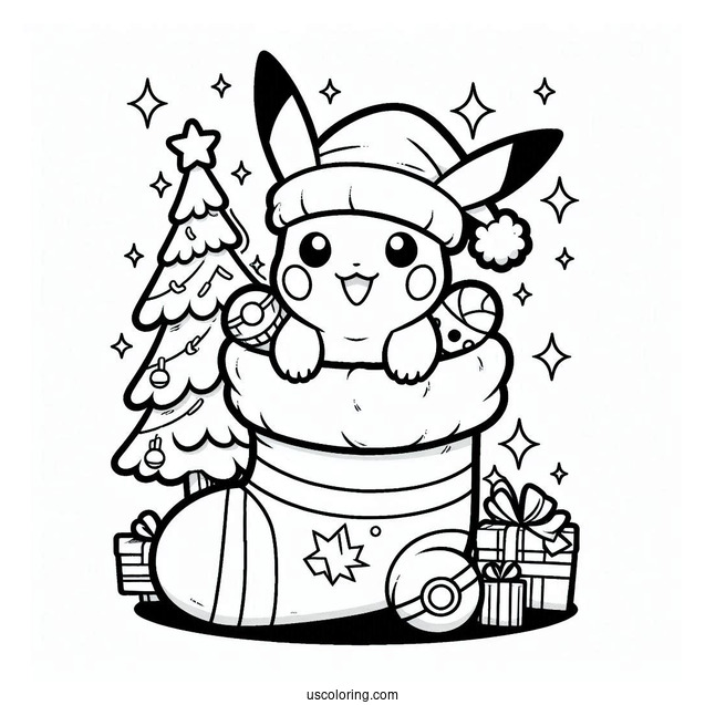 Pokemon Christmas Coloring Page Kawaii Pikachu Inside A Christmas Stocking For Kids