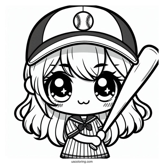 Kawaii Girl Baseball Coloring Page Player Holding A Bat