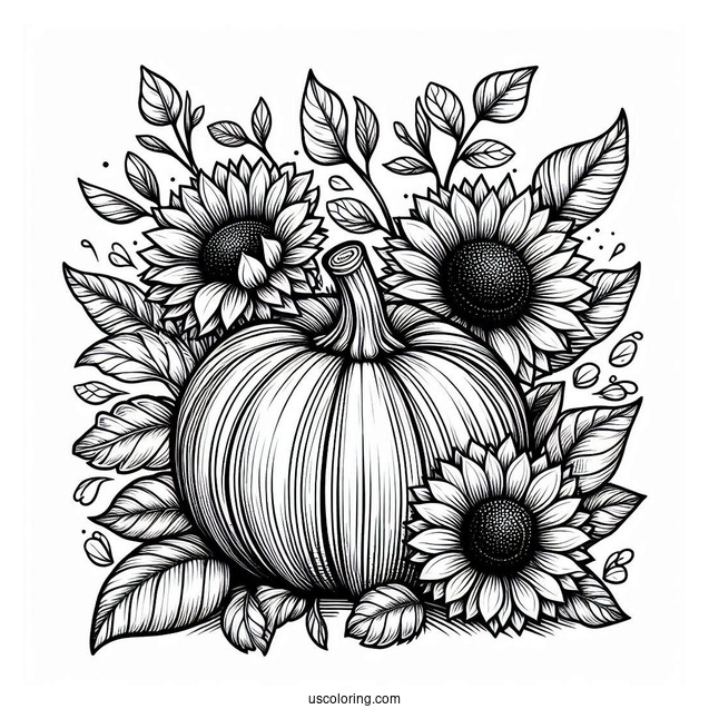 Pumpkin Coloring Page Of Sunflowers, And Leaves