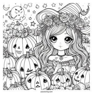 Pretty Witch Surrounded By Numerous Pumpkin Coloring Page