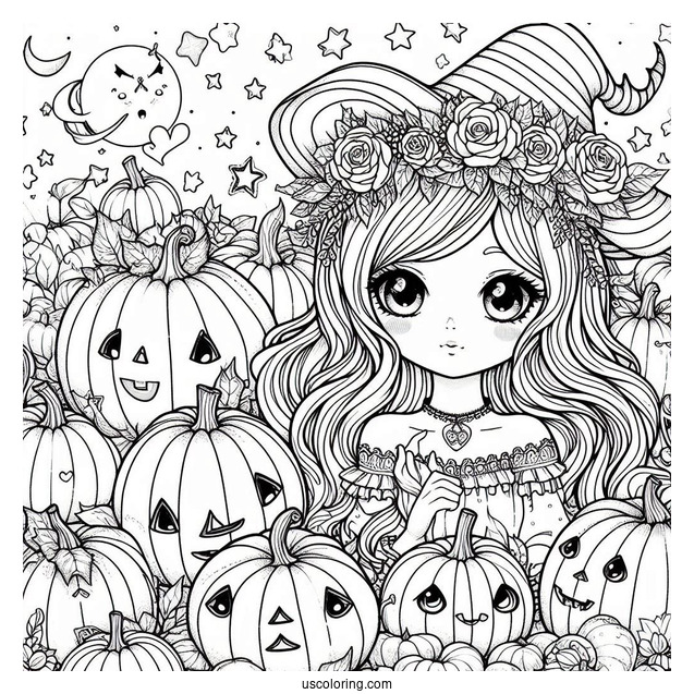 Pretty Witch Surrounded By Numerous Pumpkin Coloring Page