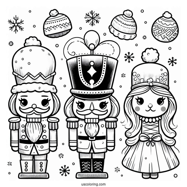 Nutcracker Coloring Page Wearing Different Hats With Snow In The Background