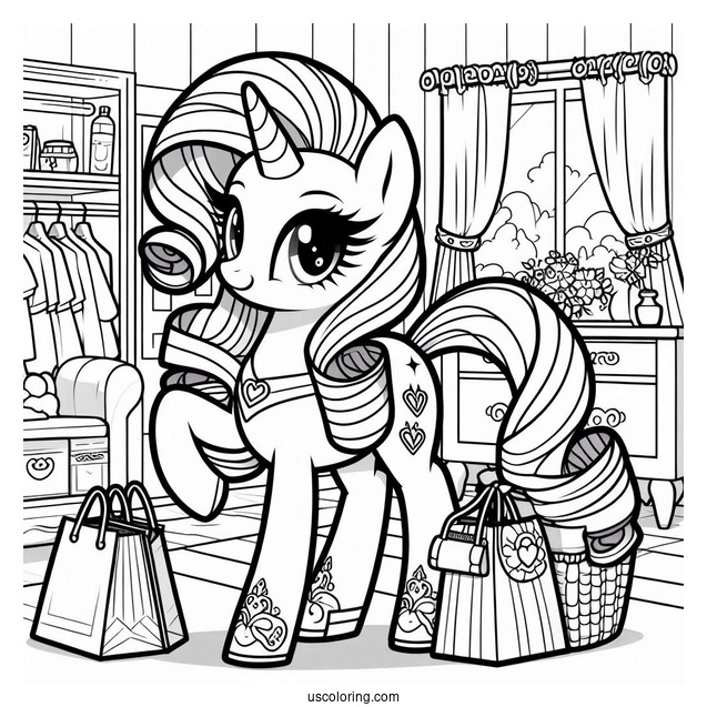 Elegant Rarity Coloring Page In Her Room With Shopping Bags