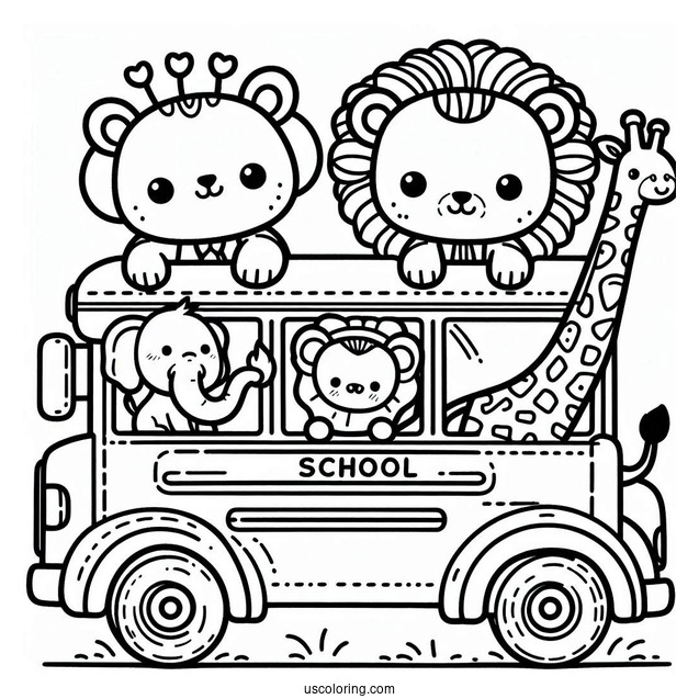 Kawaii Lion, Elephant, and Giraffe on School Bus Coloring Page For Kids