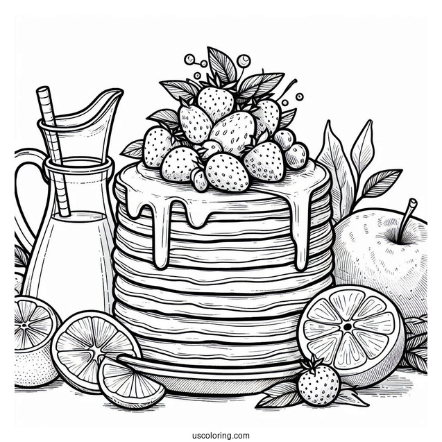 Pancake Coloring Page Towers With Fruits And Syrup
