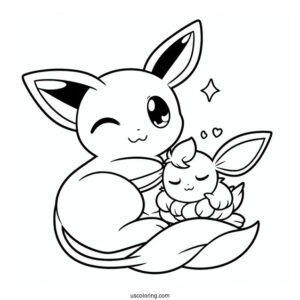 Mew Coloring Page Cuddling With Eevee