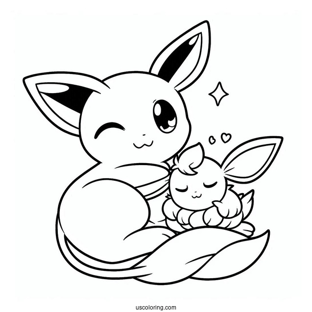Mew Coloring Page Cuddling With Eevee