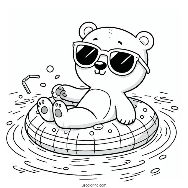 Swimming Coloring Page Of Polar Bear With Sunglasses On An Inflatable In The Pool