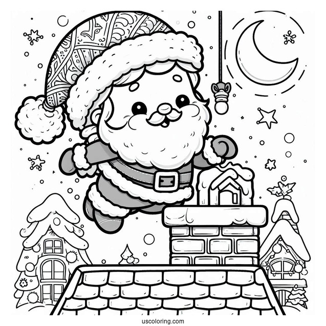 Coloring Page Of a Cute Santa Going Down a Chimney