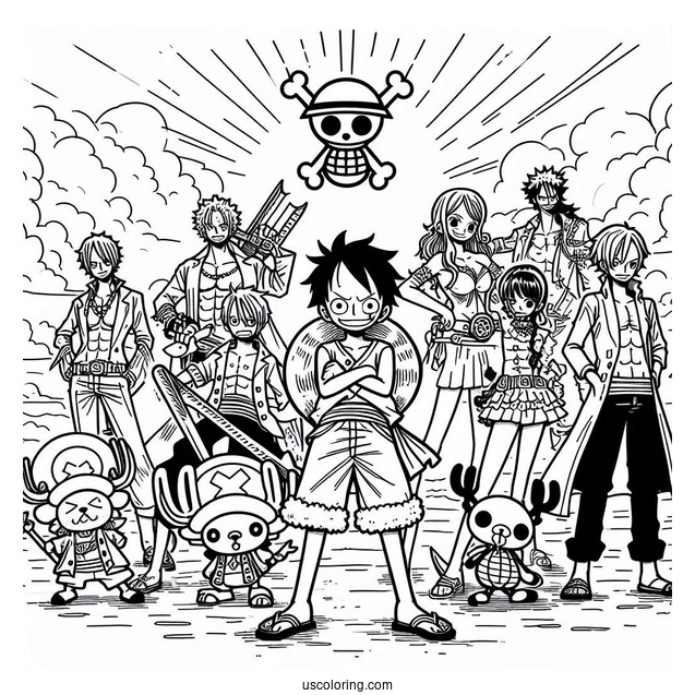 One Piece Coloring Page Of Luffy, Nami, Robin, Sanji, Zoro, Franky, Chopper, Brook, And Usopp