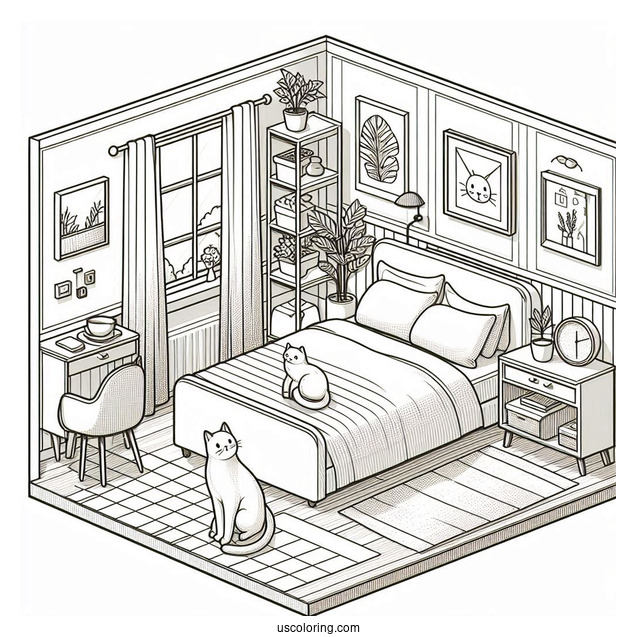 Modern Isometric Bedroom Coloring Page With A Large Cat