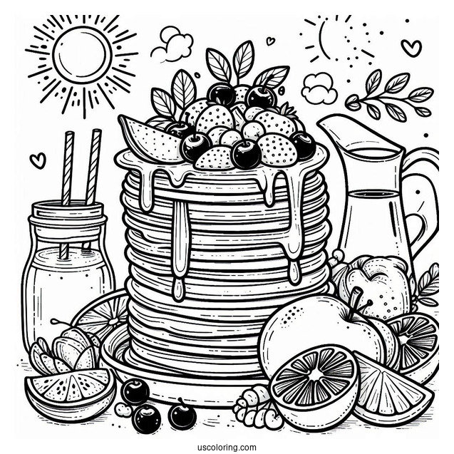 Pancake Coloring Page Towers With Fruits And Syrup