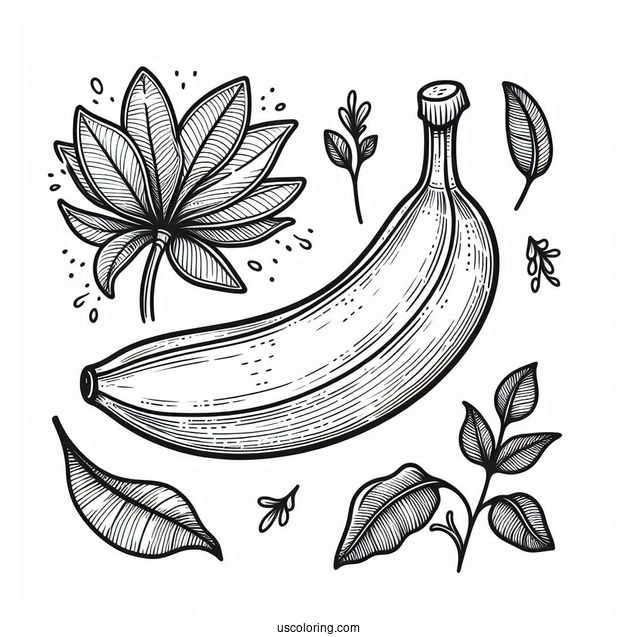 Banana With Leaves Coloring Sheet