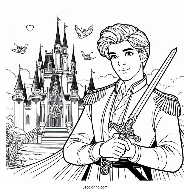 Prince Charming Holding A Sword Inside The Castle Coloring Sheet