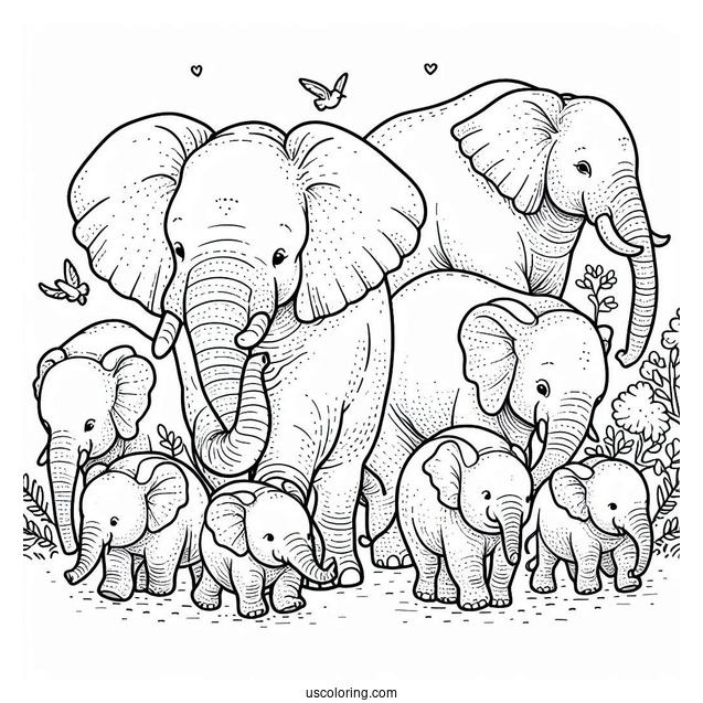 Herd Of Elephants Coloring Page For Kids