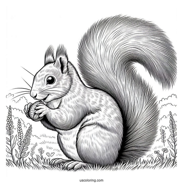 Realistic Squirrel Coloring Page Eating Nut On Field