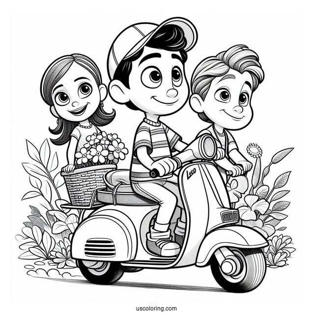 Pixar Coloring Page of Luca, Alberto, And Guila Riding Scooter