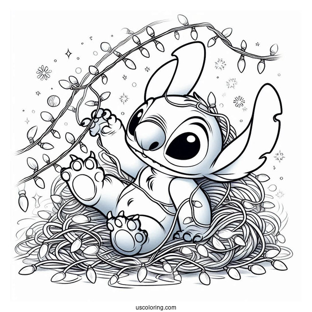 Stitch Tangled In Christmas Lights Coloring Page