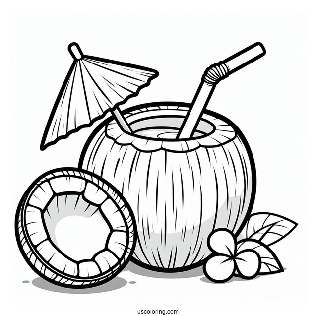 Cartoon Coconut Coloring Page Drink With Straw For Preschoolers