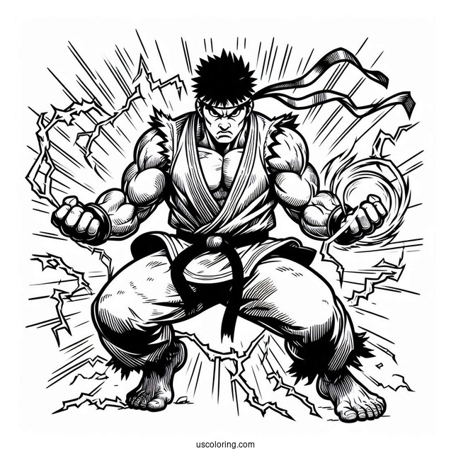 Street Fighter Coloring Page Of Powerful Ryu In Battle