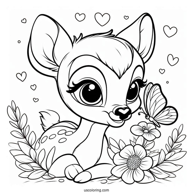 Coloring Page Of Bambi With Butterfly On Nose
