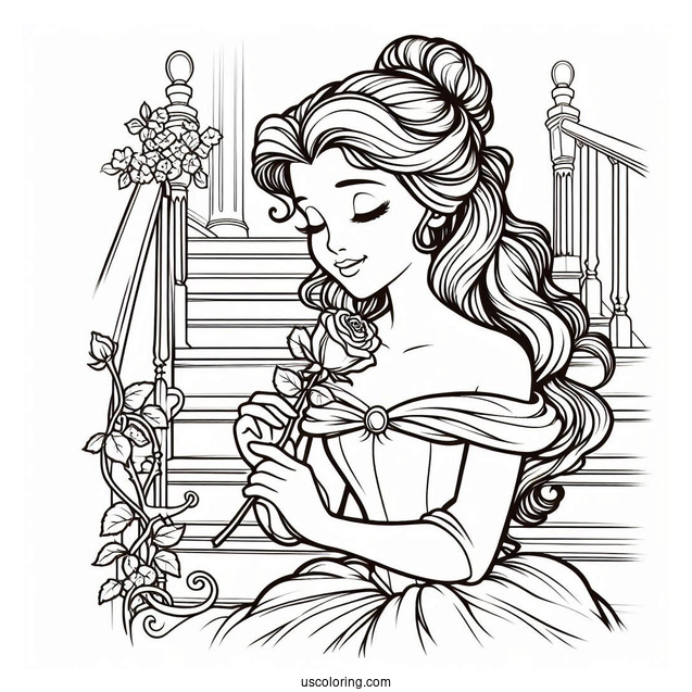 Princess Coloring Page Of Belle Holding Rose On Staircase