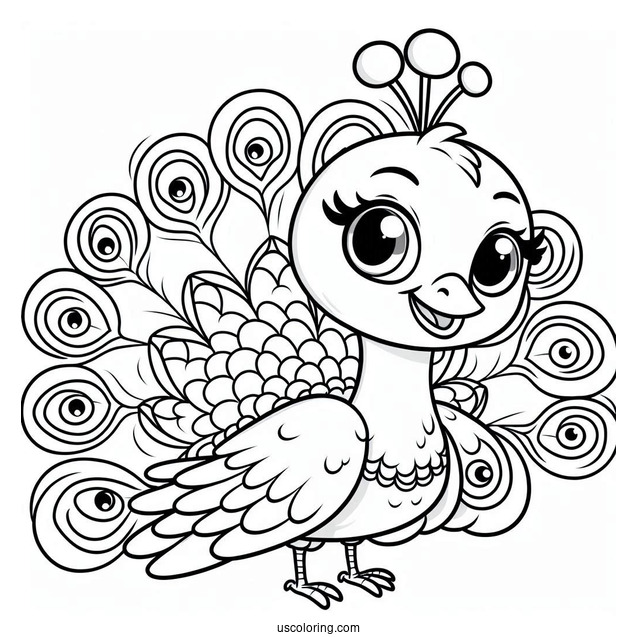 Smiling Cartoon Peacock Coloring Sheet