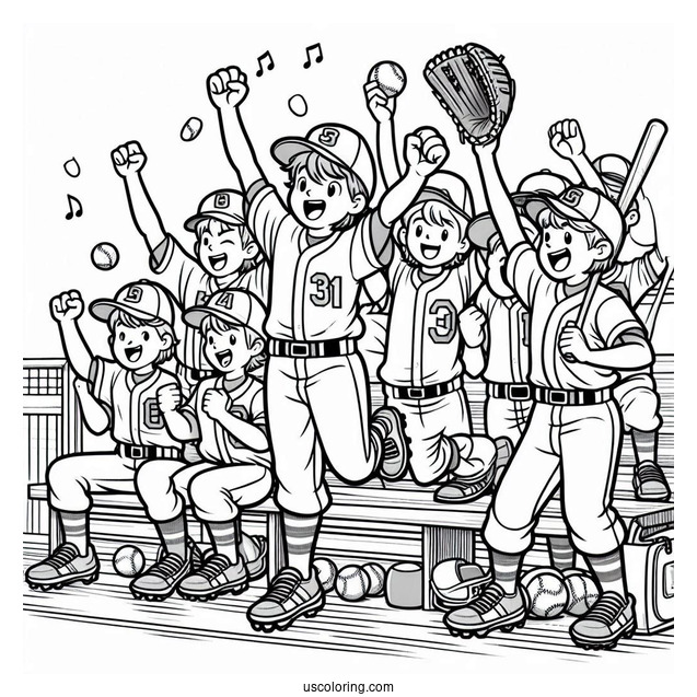 Easy Baseball Coloring Page Of Team Celebrating in Dugout For Kids