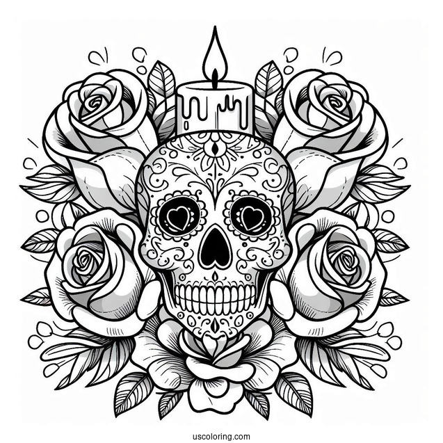 Sugar Skulls Coloring Page With Two Roses And A Lit Candle On Its Head