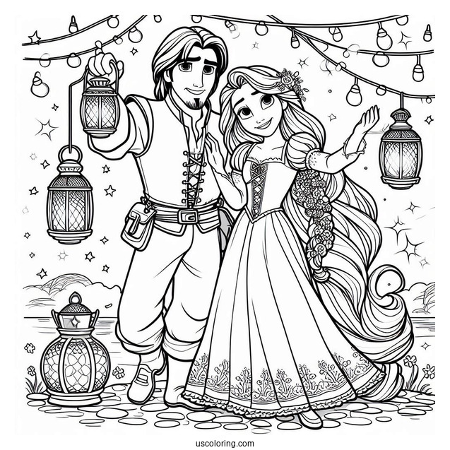 Rapunzel And Eugene With Lanterns To Color
