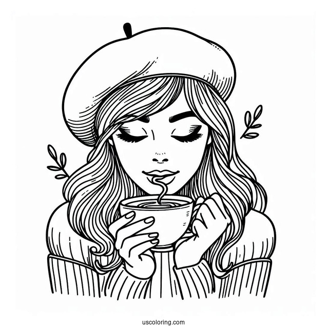Woman Wearing Beret Drinking Coffee Coloring Page For Kids