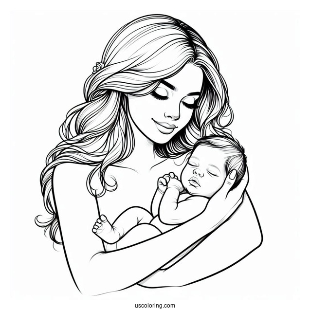 Realistic Woman Holding Newborn Baby Coloring Page