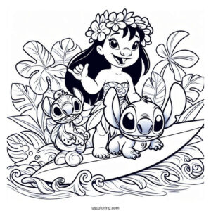 Lilo, Stitch, and Nani Pelekai Riding a Surfboard